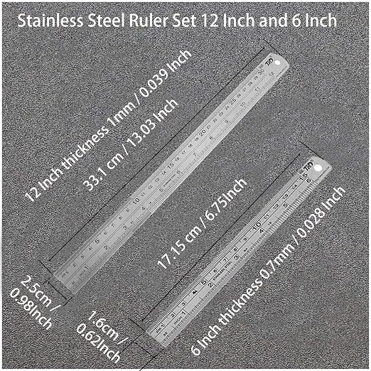 YYJ HOME Ruler 12 Inch (30 cm) and 6 inch (15 cm) Both Side Have Centimeters and inch Ruler, Stainless Steel Ruler 12 inch and Metal 6 inch, Drawing rulers, Measuring Ruler Silver