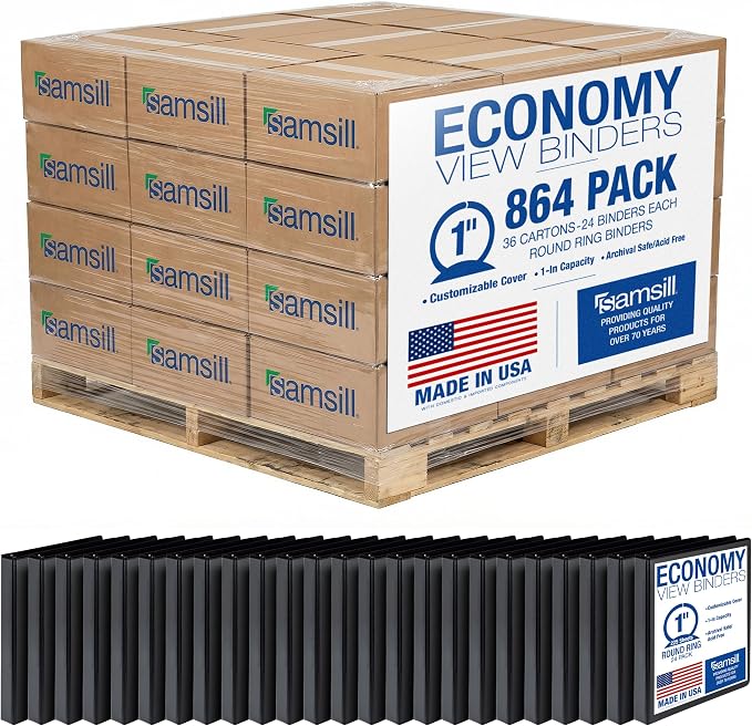 Samsill Economy 1 Inch 3 Ring Binder Bulk Pallet, Made in The USA, Round Ring Binder, Customizable Clear View Cover, Black, Pallet of 864 Binders in 36 Cartons