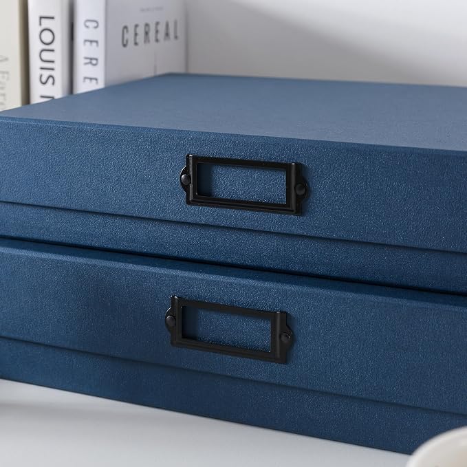 Soul & Lane - Legal Size Document Storage Boxes with Lids, Set of 2, Blue | A3 Decorative Boxes for Art, Scrapbooks and Papers with Metal Label Holders, Cardboard Photo Keepsake Storage for Memories