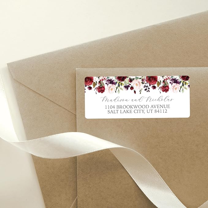 Return Address Labels Personalized with Your Choice of 30 Flower Styles - Choose Font and Font Color or Add Custom Text - Perfect for Wedding Envelopes (017 Burgundy and Pink Flowers)