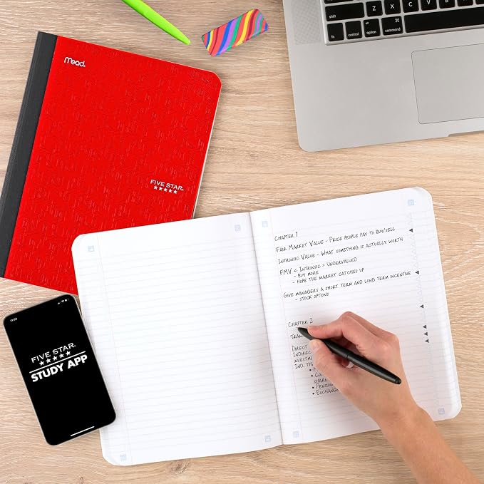 Five Star Composition Book + Study App, 4 Pack, College Ruled Paper, 7-1/2" x 9-3/4", 80 Sheets, Forest Green, Pacific Blue, Fire Red and Black (850065B-ECM)