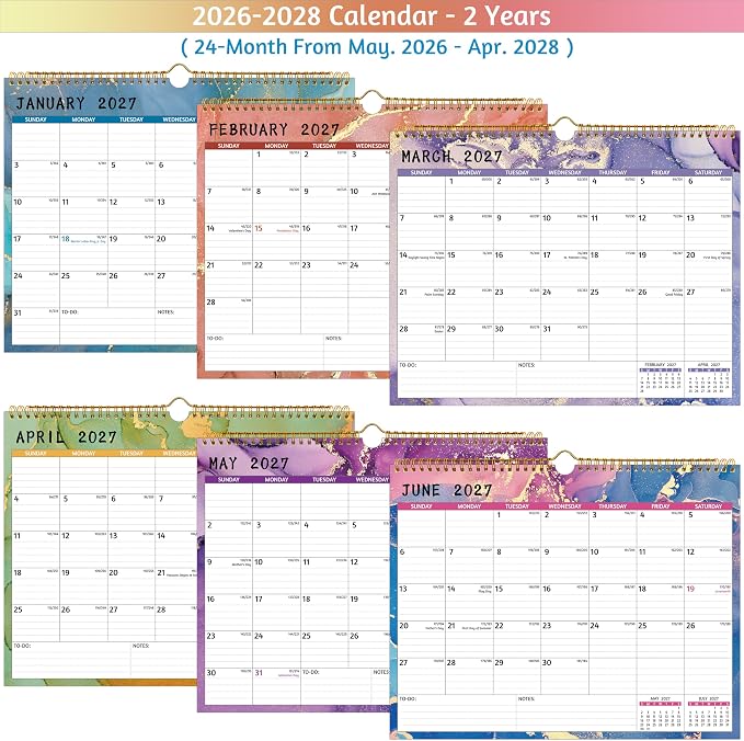 Wall Calendar 2026-2028 – 2 Year Calendar 2026-2028, May 2026 – Apr 2028, 14.57 x 11.42 In, 2026 Calendar 24 Months, Monthly Calendar 2026, with Ruled Blocks, Thick Paper, Holidays, To-do List ＆ Notes