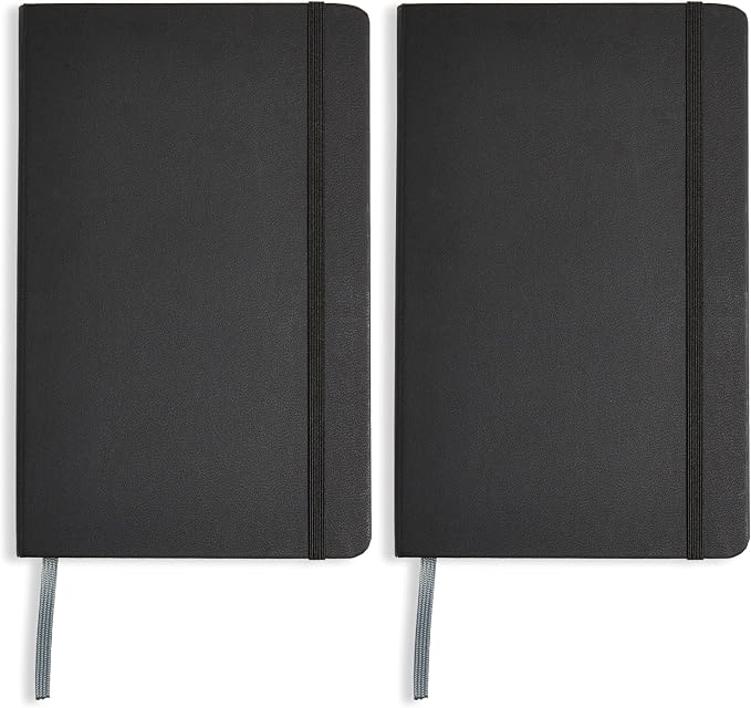 Amazon Basics Classic Lined Writing Notebook for Note Taking and Journaling, Hardcover with Elastic Closure, 240 Pages, 5" x 8.25", Black (Pack of 2)