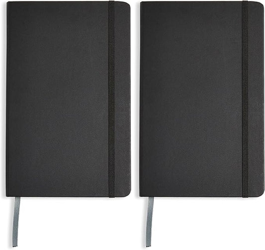 Amazon Basics Classic Lined Writing Notebook for Note Taking and Journaling, Hardcover with Elastic Closure, 240 Pages, 5" x 8.25", Black (Pack of 2)