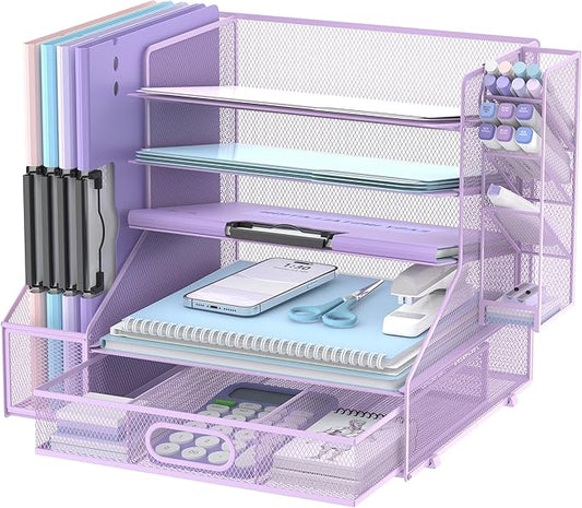 5-Tier Desk Organizer with File Holder & Pen Holder & Drawer, Purple | Mesh Metal Paper Letter Tray for Papers, Mail, Office Supplies, and Desk Accessories