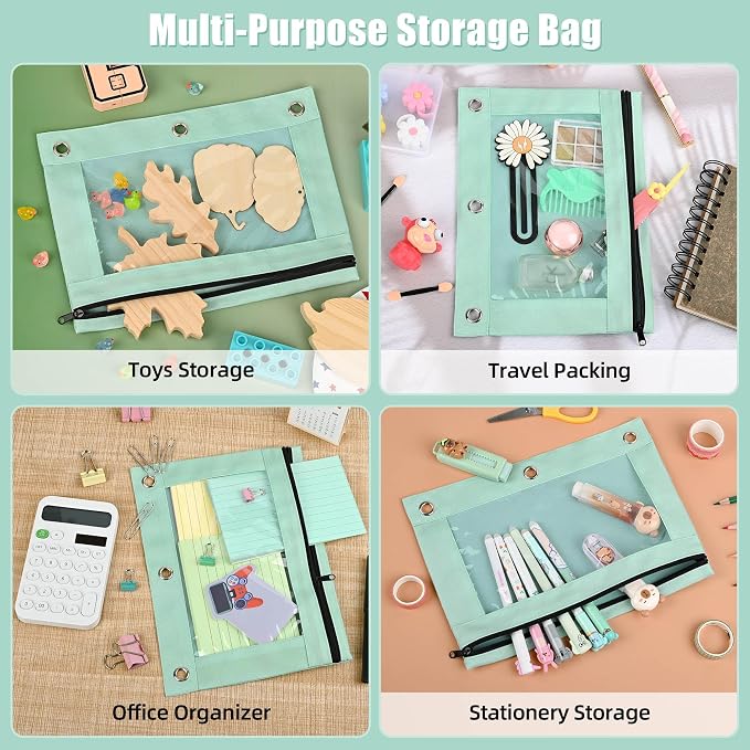 Lanpn Pencil Pouch for 3 Ring Binder 6 Pack, Pastel Binder Pen Bags with Zipper, 3 Holes Pencil Holder Stationary Organizer for Boy Girl Kids School Student, Reinforced Grommets & Clear Window, Green