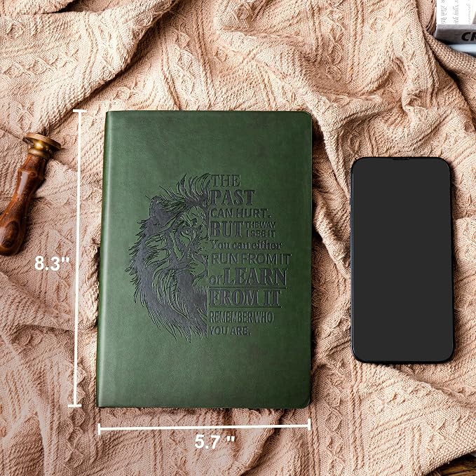 MINICAGIE Leather Journal for Men Soft Cover 256 Pages Lined Journals for Writing A5 Lion Journaling Notebooks Vintage Inspirational Diary, 5.7" x 8.3", Green