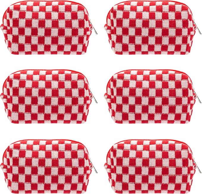 Checkered Makeup Bag for Purse, Small Travel Cosmetic Pouch,Red,6 Pack | Cute Zipper Makeup Organizer for Women, Travel Essentials, Toiletries, Makeup Brushes, Beauty Accessories&Bridesmaid Gifts