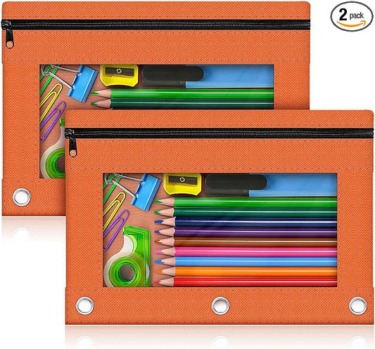 Pencil Pouch for 3 Ring Binder, 2 Pack Pencil Bags with Zipper, Orange Pencil Case for Classroom School Office Supplies, Large Sturdy and Durable Cloth Pencil Pocket for 3 Holder Binder