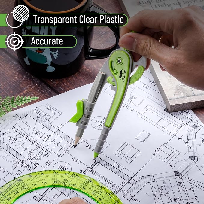 Mr. Pen- Geometry Compass and Protractor Set, 6 Inch Compass | 6 Inch Protractor, Drawing Tool for School, Clear Plastic, Easy Grip, Precision Design for Math, Art, Drafting, Architecture