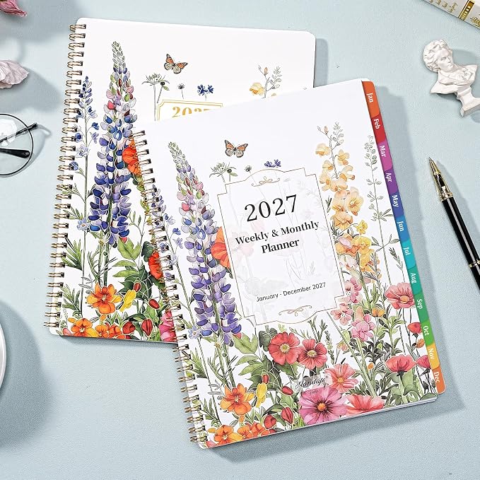 2027 Planner- 2027 Planner Weekly and Monthly, Jan.2027 - Dec.2027, 9"×11", Weekly & Monthly Planner 2027, 2027 Calendar Planner with Colorful Tabs + Twin-Wire Binding + Back Pocket + Premium Thick Paper