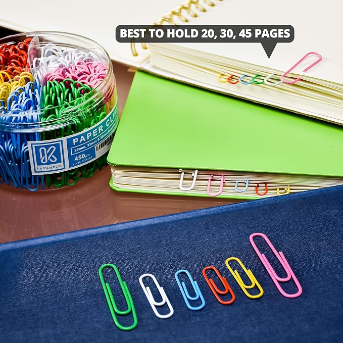 Kempshott 450 Color Paper Clips Assorted Sizes Small, Medium and Large Paper Clips for Paperwork Ideal for Home, School and Office Use (Assorted, Multicolored)