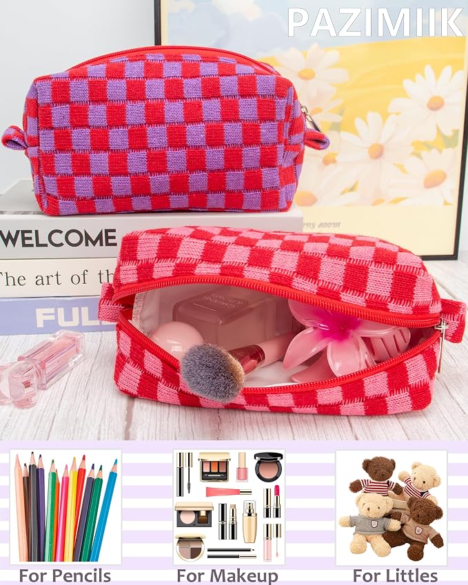 Checkered Makeup Bag for Purse, Small Travel Cosmetic Pouch,Red Pink | Cute Zipper Makeup Organizer for Women, Travel Essentials, Toiletries, Makeup Brushes, Beauty Accessories&Bridesmaid Gifts