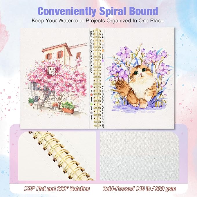 Creazic Watercolor Paper Pad, 5.5"x8.5" 140lb/300g Cold Press Watercolor Sketchbook, 24 Sheets Spiral Bound with Perforated Pages, Acid-Free Portable Drawing Pad for Travel, Practice & Small Projects