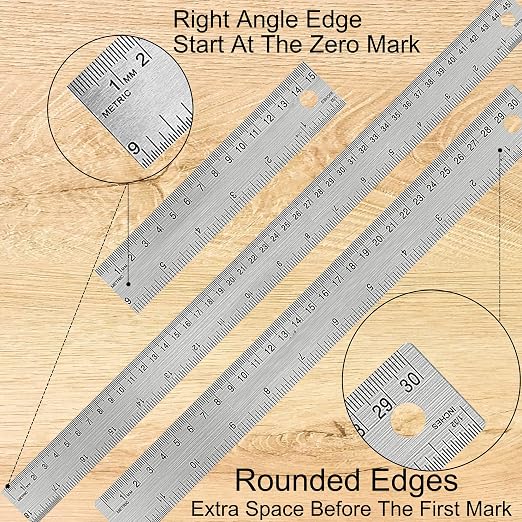 Metal Ruler Set [6+12+18 Inch] – Stainless Steel Rulers with Cork Backing, Non-Slip Measuring Tools with Inch & Centimeter Markings, Drafting and Office Use, Prevents Ink Leakage