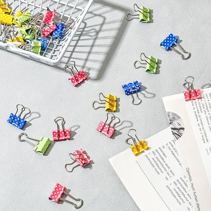 BAYTORY 32Pcs Polka Dot Binder Clips, 3/4 Inch (19 mm) Small Binder Clips | Colored Paper Clamps, Paper Clip for School Teachers Office Supplies (Yellow, Green, Blue, Pink)