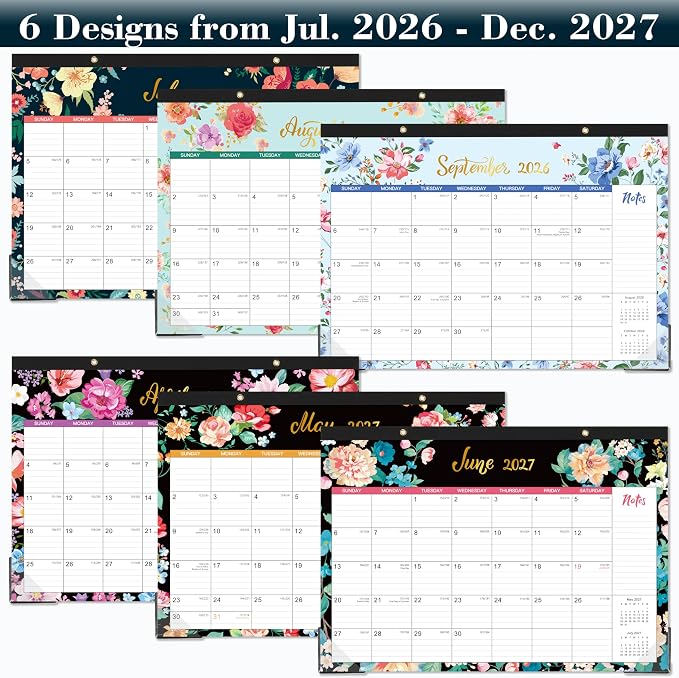Desk Calendar 2026-2027 - 18 Monthly Desk/Wall Calendar, Jul. 2026 - Dec. 2027, 17" x 12", Thick Paper with Corner Protectors, Large Ruled Blocks - Floral