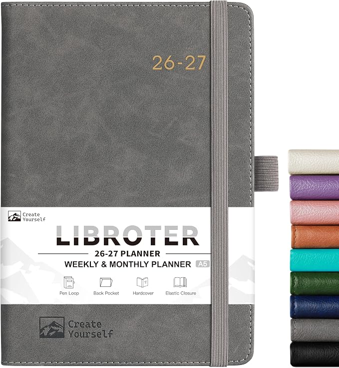 2026-2027 Planner - Academic Planner 2026-2027 Weekly Monthly Planner, July 2026 - June 2027, 5.7'' x 8.4'', Thick Paper, Leather Cover, Pen Holder, Back Pocket, Perfect Daily Organizer- Grey