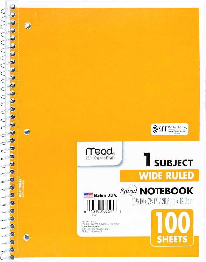 Mead Spiral Notebook, 1 Subject, Wide Ruled Paper, 100 Sheets, 10-1/2" x 8", Color Selected For You, 1 Count (05514) (Pack of 2)