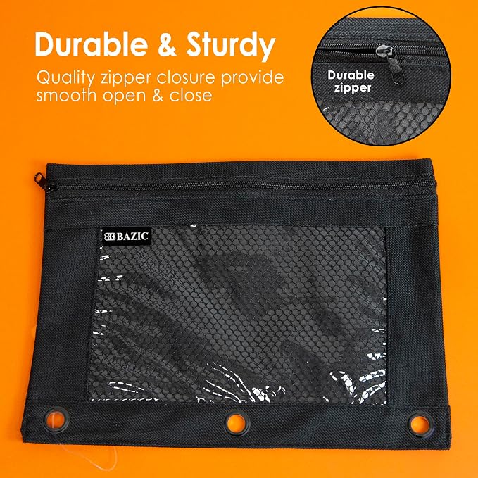 BAZIC PRODUCTS Black 3-Ring Pencil Pouch with Mesh Window, 4-Pack | clear mesh window and a zipper closure for pens, pencils, supplies