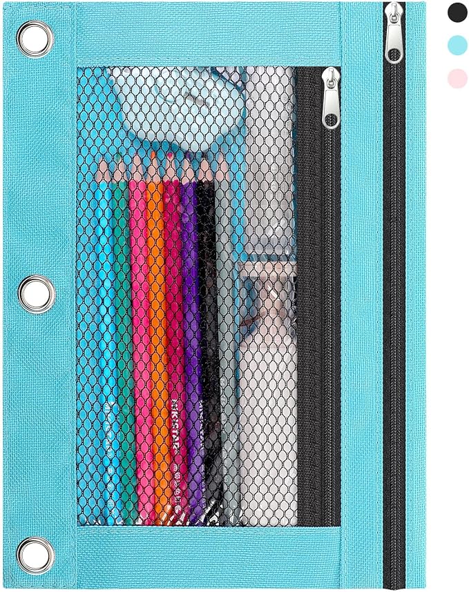 KONVINIT Pencil Pouch for 3 Ring Binder, Zipper Binder Pencil Pouch, Durable Cloth Pencil Case with 2 Pockets, Mesh Window Pencil Case Pouch for School Supplies, Cables, Earbuds, Makeup, Blue