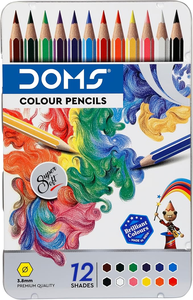 Doms Supersoft Non-Toxic Colour Pencil Set in Flat Tin Box (12 Assorted Shades)
