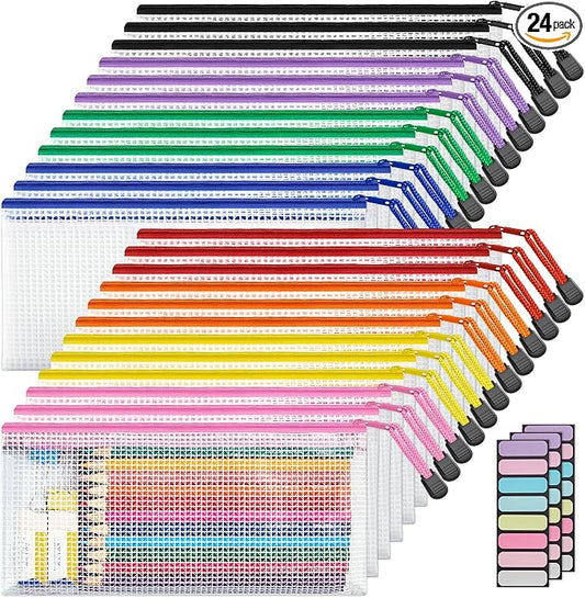 JARLINK A6 Size Mesh Zipper Pouch Bags, Waterproof Pencil Pouches, 24 Pack | Waterproof Pencil Pouch for School Supplies Storage, Small Zipper Pouches (9.3× 4 in) for Cash, Cosmetics, Travel, 10 Colors