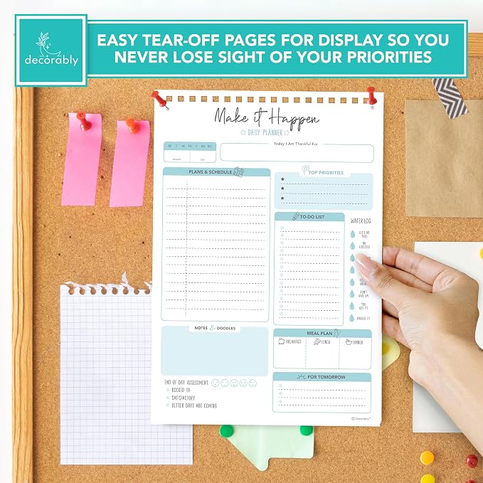 Decorably 52 Sheets Blue Undated Make It Happen Notepad - 6.5x10in Spring-Bound Daily Planner Tear Off for Schedule, Priorities, Agenda, Water Intake, Meals, Notes and Doodles - Home, Office