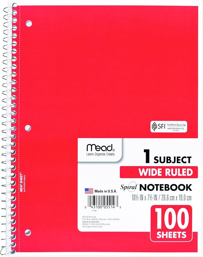 Mead Spiral Notebook, 1 Subject, Wide Ruled Paper, 100 Sheets, 10-1/2" x 8", Color Selected For You, 1 Count (05514) (Pack of 2)