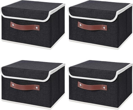 ANMINY 4PCS Storage Bins with Lid PU Leather Handles Storage Boxes PP Plastic Board Decorative Foldable Lidded Cotton Linen Fabric Home Cubes Baskets Closet Organizer Containers - Black, Small Size