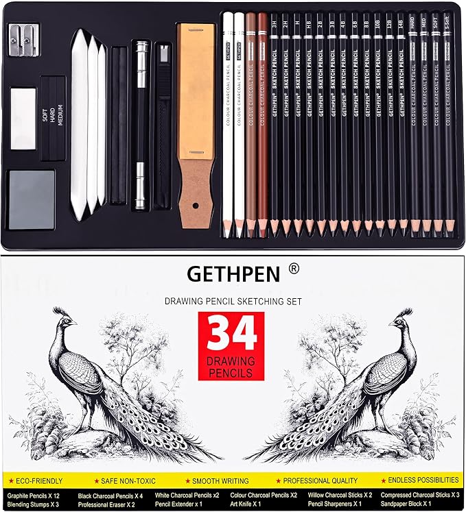 GETHPEN 34Pcs Sketch Drawing Kit, Graphite 14B-4H Charcoal Pencils Sticks | Sketch Pencil Set, (4H-14B) Pencils, Vinyl Eraser, Kneaded Eraser,Sharpener and Paper Blending Stump, Artists and Beginners