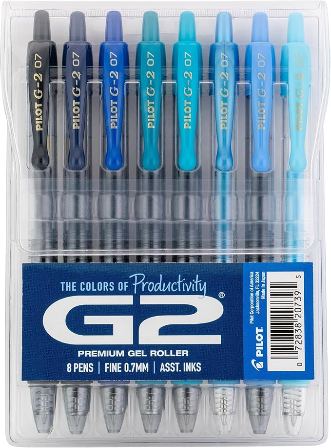 Pilot G2 Premium Gel Roller Pens, G2 Boost Blue Pens Pack, The Colors of Productivity, 8 Pack Pouch, Fine Point 0.7 mm, Assorted