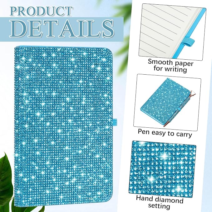 Resholder Rhinestone Pen & Glitter Notebook Set, Hard Cover Bling Diary Journal for Girls, Cute School Supplies for Back to School, Sparkly Desk Accessories Gift for Women(Rhinestone,A6,Blue)