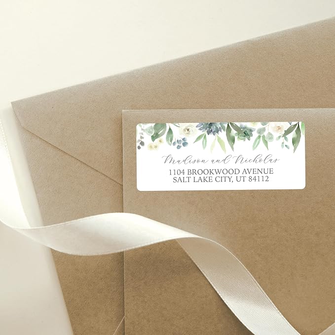 Return Address Labels Personalized with Your Choice of 30 Flower Styles - Choose Font and Font Color or Add Custom Text - Perfect for Wedding Envelopes (005 Succulents)