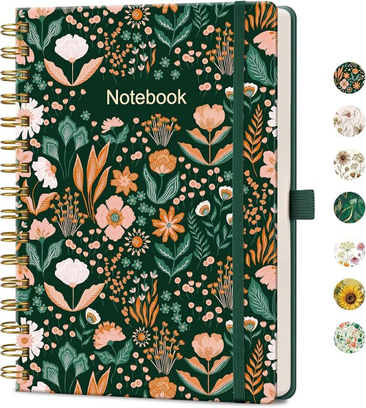 AHGXG Spiral Journal Notebook, 160 Lined Pages, A5 Medium Size (5.7'' x 8.3''), for Women, Journaling, Writing, Work & Office, Hardcover, 100 GSM Thick Paper (Emerald Bloom)