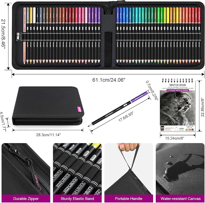 HIFORNY 55PCS Colored Pencils Set for Adults – 50 Soft Core Colored Pencils with Sketchbook, Coloring Book, Blender, Sharpener & Color Chart – in Gift Box & Zipper Case