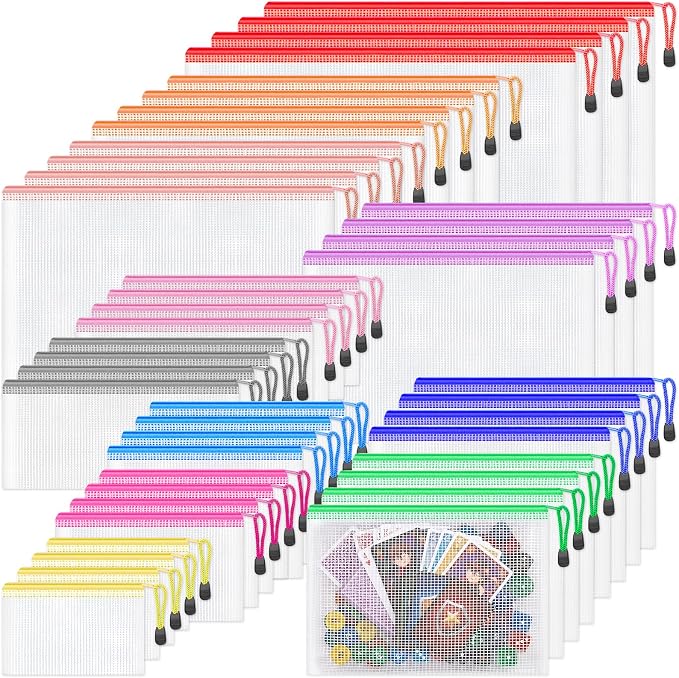 Smarpau 44pcs Mesh Zipper Pouch Bags,8 Sizes 11 Colors Board Game Bags | Plastic Zipper Mesh Bags for Organizing,Multipurpose Waterproof Mesh Bags for Puzzle Storage,Toy Pouch,Travel Storage