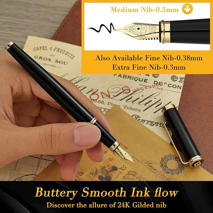 BEILUNER Black Fountain Pen,Stunning Luxury Pens with 24K Gold Accents, Gorgeous 24K Gilded Nib(Medium), Trustworthy Pen Gift for Men&Women -Ink Converter-Elegant, Reliable,Nice Pen for Writing