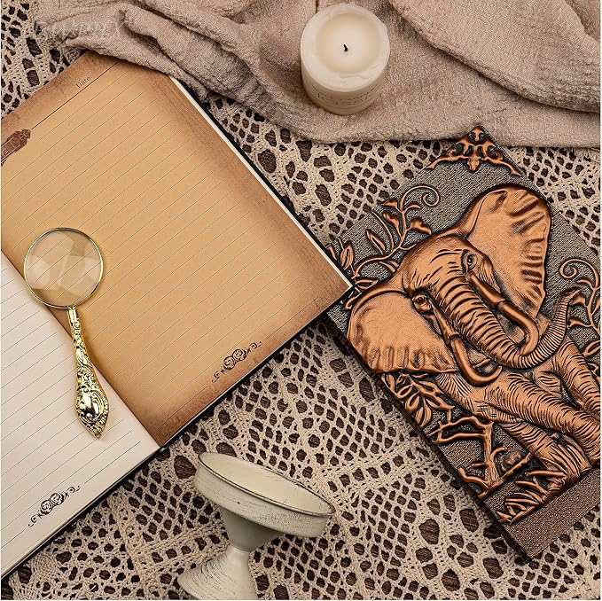 3D Elephant Vintage Leather Journal Writing Notebook with Pen Set,Antique Handmade Leather Daily Notepad Sketchbook,Travel Diary&Notebooks to Write in,Elephant Journal Gift for Men Women