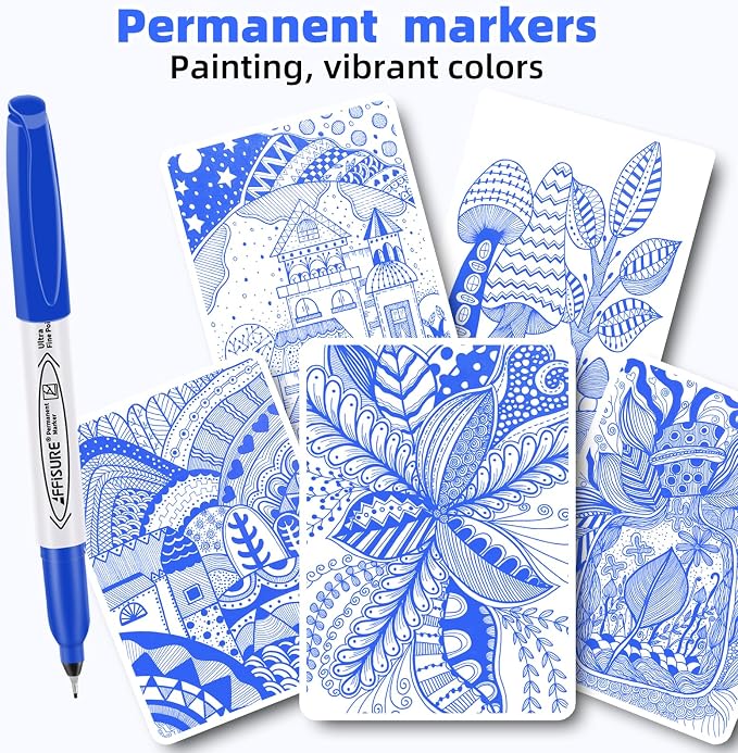 Blue Ultra Fine Point Permanent Markers, 18 Pack, 0.4 mm, Precision Extra Fine Tip for Detailed Writing, Art, Crafts & Labeling on Paper, Plastic, Glass, Metal, Waterproof, Fade-Resistant Ink
