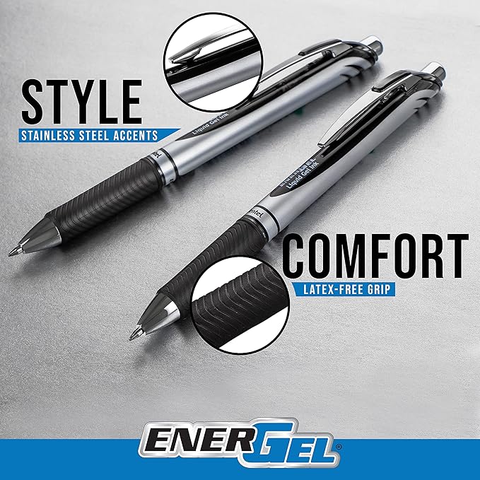 Pentel EnerGel RTX Gel Pens, 0.7 mm Metal Tip, Black/Silver Barrel, Blue Ink, Box of 12 (BL77-C)