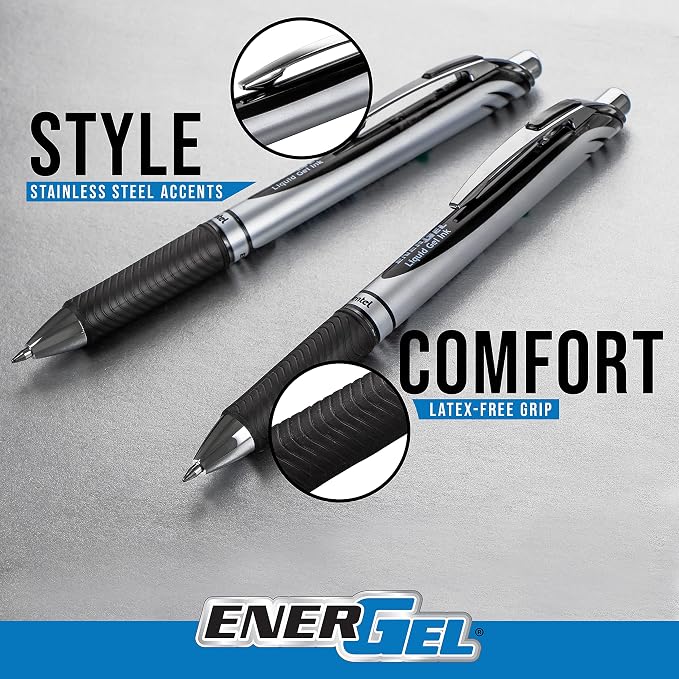 Pentel EnerGel RTX Retractable Liquid Gel Pen, (1.0mm), Bold Line, Metal Tip, Black Ink, Pack of 3 (BL80BP3A)