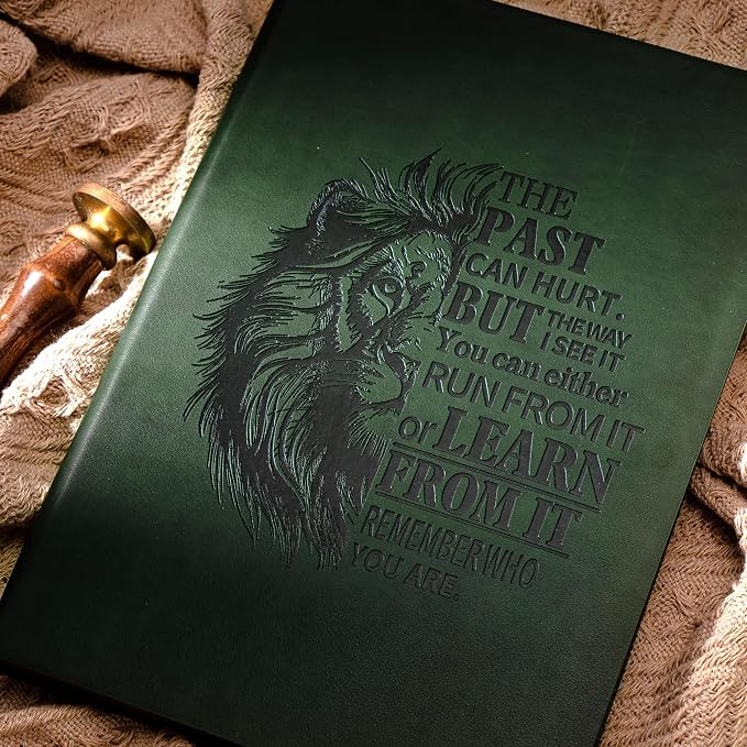 MINICAGIE Leather Journal for Men Soft Cover 256 Pages Lined Journals for Writing A5 Lion Journaling Notebooks Vintage Inspirational Diary, 5.7" x 8.3", Green