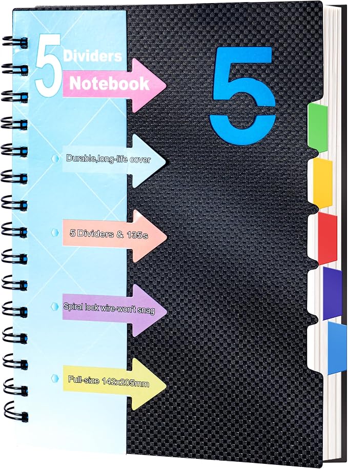 CAGIE 5 Subject Notebook, Small Spiral Notebook with Tabs | 6.1'' x 8.2'', A5 Spiral Notebooks College Ruled for Women, 240 Pages Note book for School Note Taking, Black