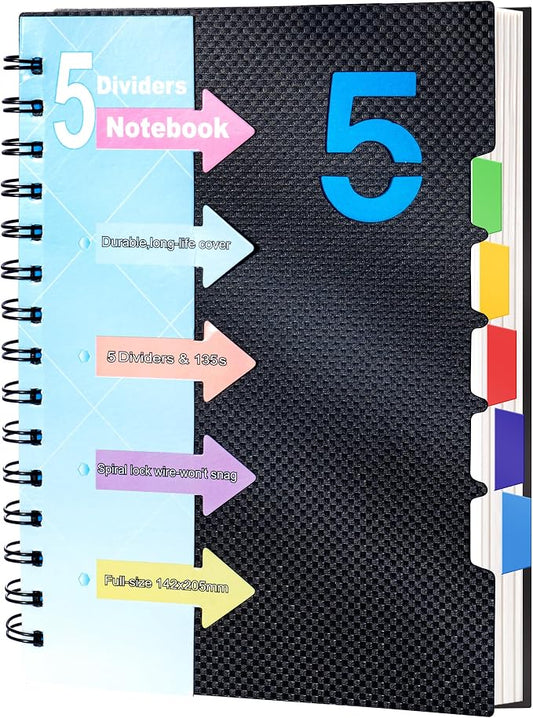 CAGIE 5 Subject Notebook, Small Spiral Notebook with Tabs | 6.1'' x 8.2'', A5 Spiral Notebooks College Ruled for Women, 240 Pages Note book for School Note Taking, Black