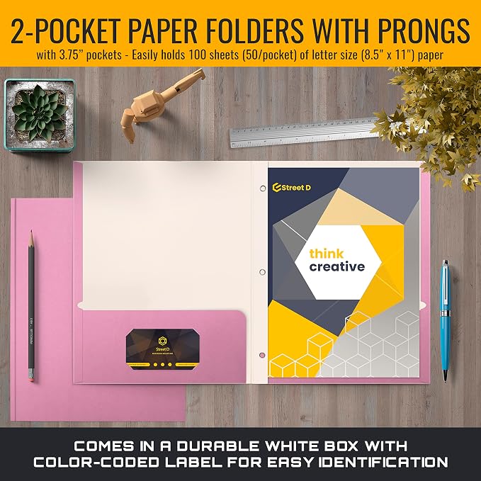 Better Office Products Pink Paper 2 Pocket Folders with Prongs, 50 Pack, Matte Texture, Letter Size Paper Folders, 50 Pack, with 3 Metal Prong Fastener Clips, Pink