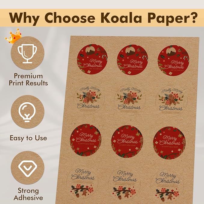 Koala Kraft Brown Round Labels 2 Inch, Printable Circle Stickers for Inkjet and Laser Printers, 300 Labels for Logo, Jar