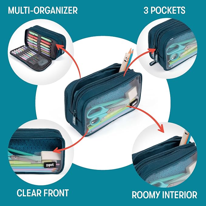 ZIPIT Half & Half Pencil Case, 3 Compartment Zipper Pouch for School, Stationery Bag for Teen Girls Boys and Adults, Teal