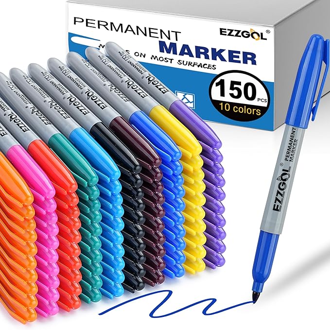 Ezzgol Permanent Markers Bulk, 150 Pack, 10 Assorted Colors,Multicolor Fine Tip Marker,Waterproof, Quick Drying on Paper,Metal,Wood,Plastic for School,Office,Home