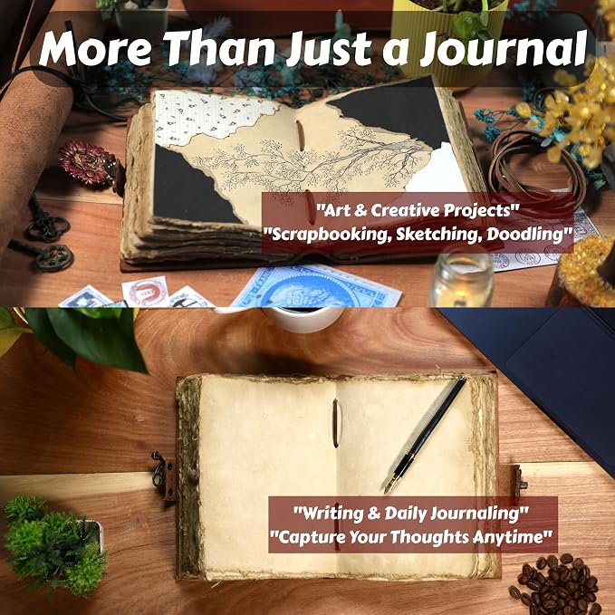 Leather Bound Vintage Journal for Women & Men – Book of Shadows – Lock Closure – 200 Pages of Antique Deckle Edges Handmade Paper (Burgundy, 7 x 5 inches)